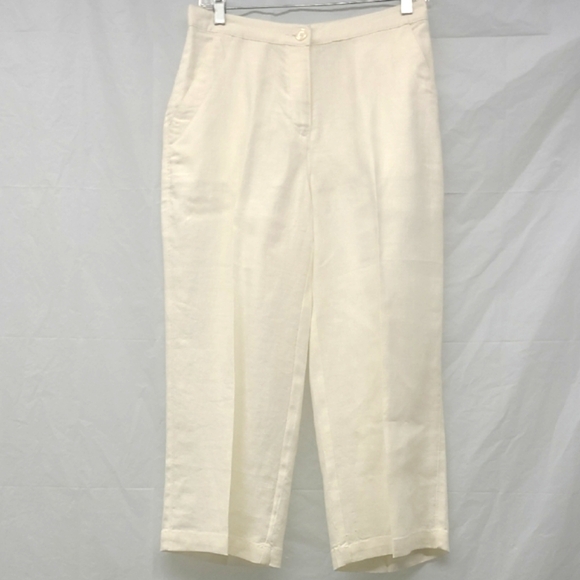 Creamy White Linen Trousers Pants Washable Straight Leg Pockets Unlined Pleated - Picture 1 of 9